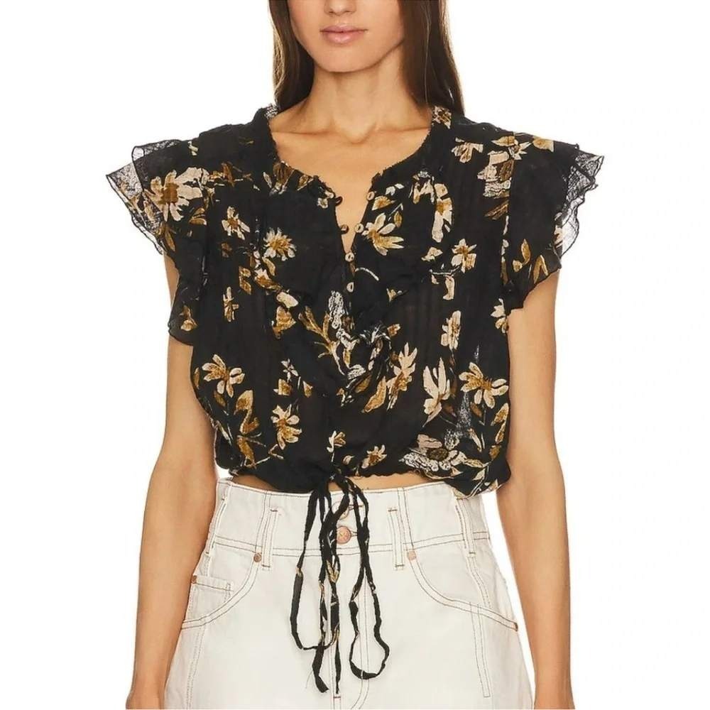 Free People FP One Naya Floral Ruffle Flutter Sleeve Top Black Brown Women Small